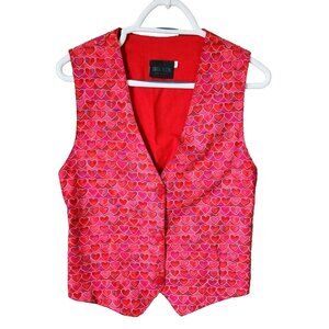 Vtg Linda Tilson USA Women's Sleeveless Button Up Vest Red Hearts Print Cotton S